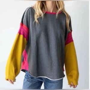 NWT Natural Life Blue Knit Trim Boho Sweatshirt Raw Hem XL